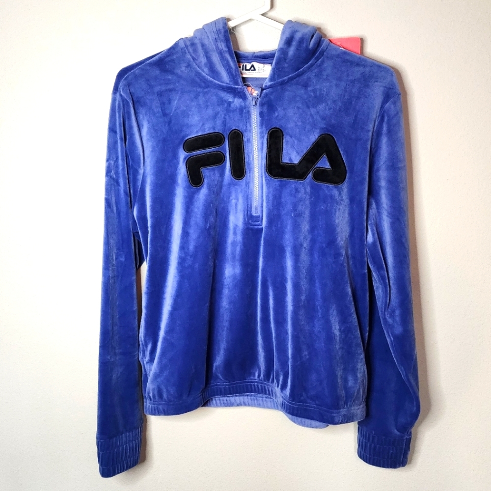 Fila Blue Velvet Half-Zip Hoodie with Black Logo